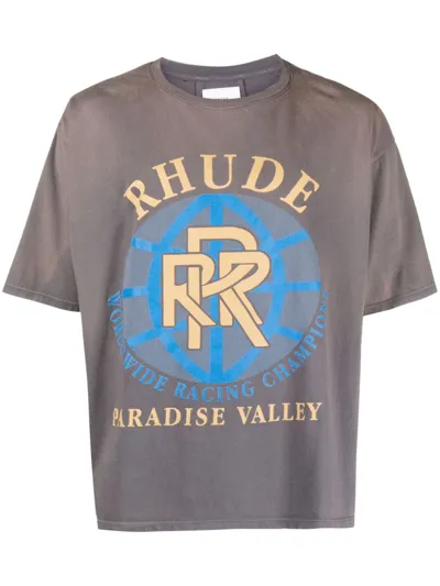 Rhude Paradise Valley Logo-print Cotton-jersey T-shirt In Vintage Grey