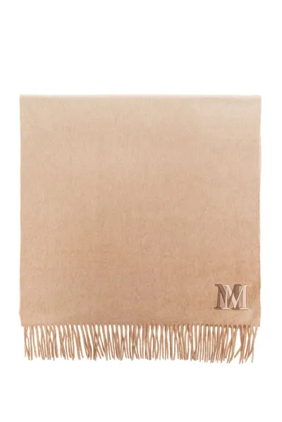 Max Mara Logo Motif Patch Detail Fringed Scarf In Beige