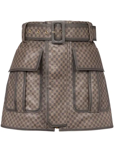 Balmain Mini Monogram-print Leather Miniskirt In Brown