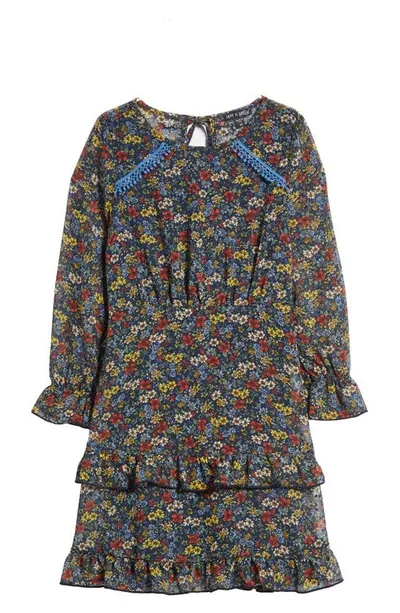 Ava & Yelly Kids' Floral Long Sleeve Tiered Dress In Blue Multi