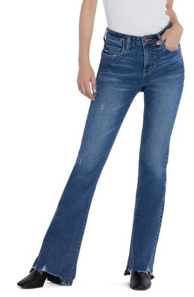 Hint Of Blu Chewed Mid Rise Flare Jeans In Resort Blue