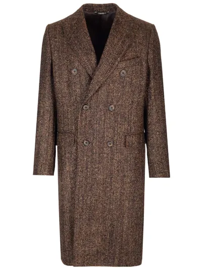 Dolce & Gabbana Double-breasted Herringbone Coat In Brown