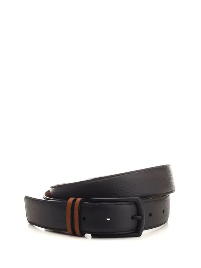 Z Zegna Stripe Detailed Buckle Belt In Black