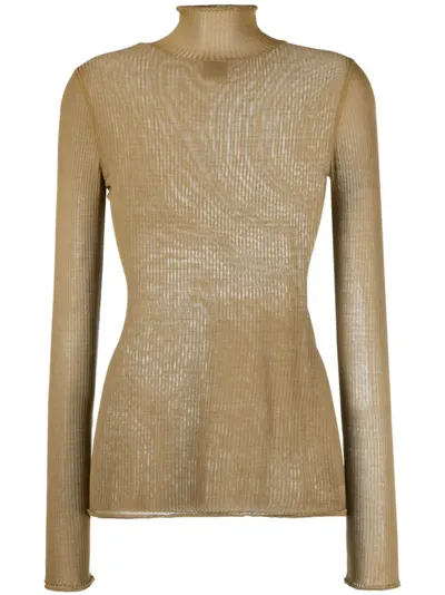 Lemaire Semi-sheer Ribbed Silk Jumper In Brown