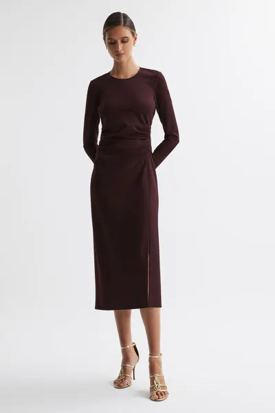 Reiss Burgundy Ruched Bodycon Midi Dress