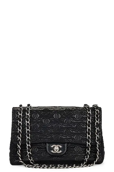 Pre-owned Chanel Embroidery Jumbo Flap Shoulder Bag In Black