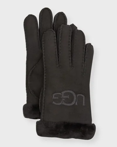 Ugg Embroidered Logo Sheepskin Gloves In Blk Black