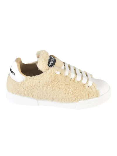 Dolce & Gabbana Fur Coated Logo Sneakers In Ivory