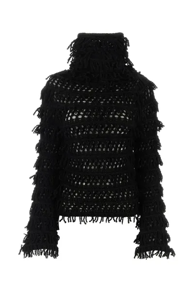 Blumarine Fringed Wool Knit Turtleneck Sweater In Black