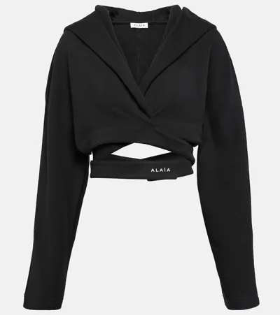 Alaïa Cropped Wraparound Cotton Hoodie In Black