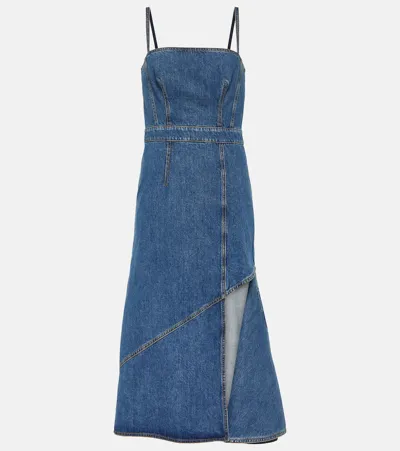 Alexander Mcqueen Denim Midi Dress With Asymmetric Slit In Bluestone