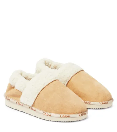 Chloé Kids' Faux Shearling-trimmed Suede Slippers In Beige