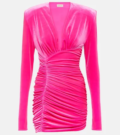 Alexandre Vauthier Plunging Strong-shoulder Long-sleeve Ruched Velvet Mini Dress In Pink