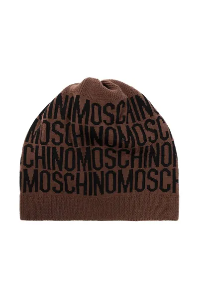 Moschino Logo Intarsia Knitted Beanie In Brown