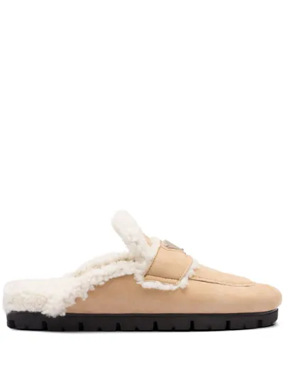 Prada Suede And Shearling Slippers In Cream