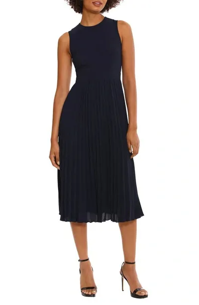 Donna Morgan Pleated A-line Midi Dress In Navy Blazer