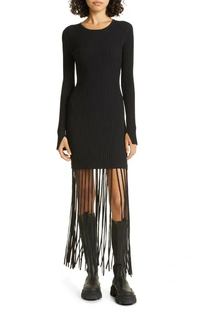 Ganni Melange-knit Fringe Midi Dress In Black