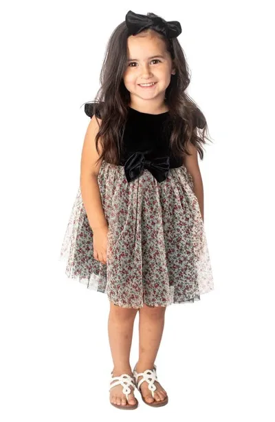 Popatu Babies'  Velvet & Floral Print Tulle Dress In Black