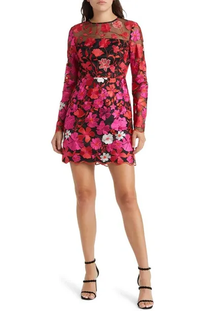 Milly Scottie Floral Mesh Overlay Long Sleeve Minidress In Pink Multi