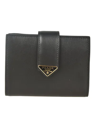 Prada Logo Plaque Front Flap Wallet In Black