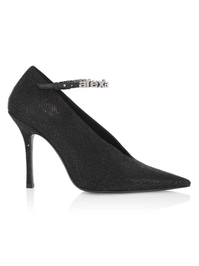 Alexander Wang Women's Delphine 105mm Crystal-studded Logo Strap Satin Pumps In Black