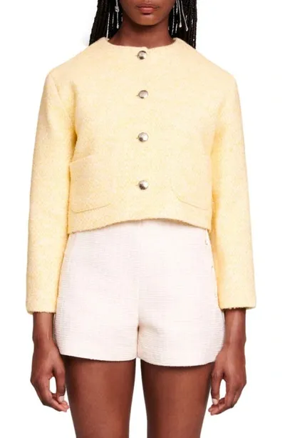 Maje Cropped Cotton-blend Bouclé-tweed Jacket In Pale Yellow