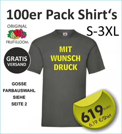 Pre-owned Fruit Of The Loom 100er Pack Top T-shirt Mit Wunschdruck, Logo, Wunschtext, Einseitig, Einfarbig