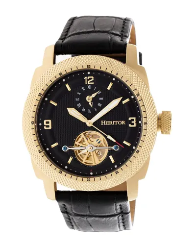 Heritor Automatic Men's Black / Gold Helmsley Semi-skeleton Leather-band Watch - Black, Gold In Black/gold