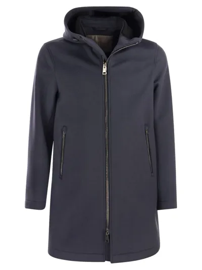 Herno Logo Plaque Hooded Coat In Navy