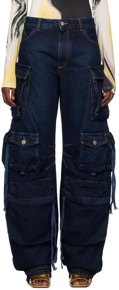 Attico Fern Long Denim Cargo Pants In Dark Blue