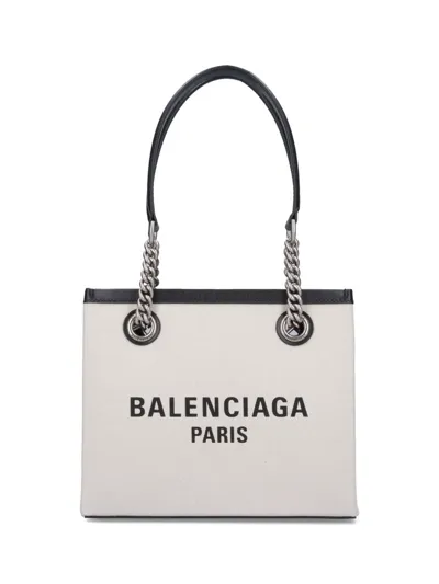 Balenciaga Paris Logo Printed Squared Small Tote Bag In Beige