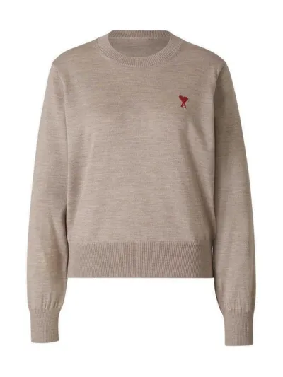 Ami Alexandre Mattiussi Ami Logo Embroidered Crewneck Knitted Jumper In Beige