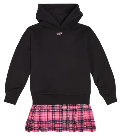 Off-white Kids' Pleated Checked Hooded Dress In Black Fuchsia