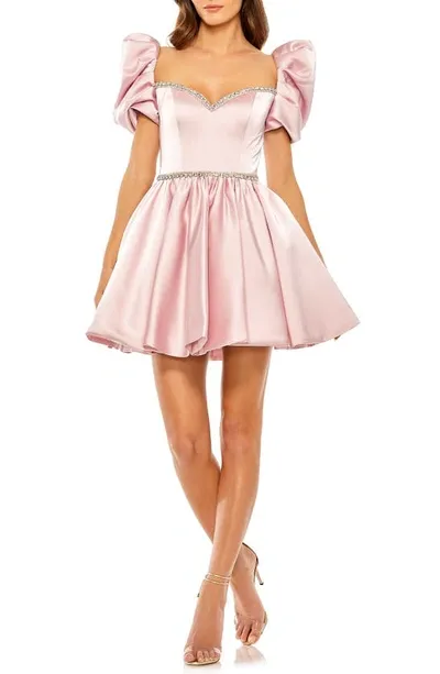 Ieena For Mac Duggal Crystal Trim Puff Sleeve Satin Cocktail Minidress In Blush