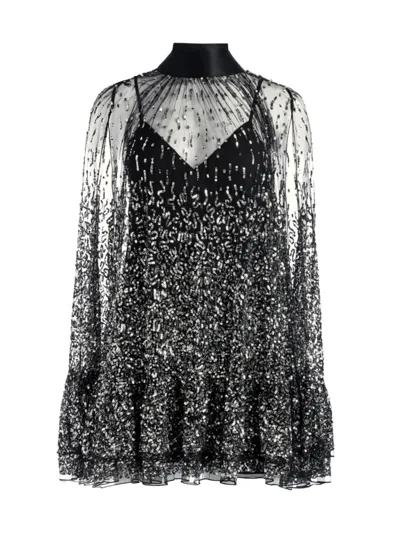 Alice And Olivia Zenon Embellished Tie-neck Cape Mini Dress In Black Silver