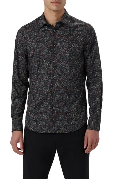 Bugatchi Julian Floral Print Cotton Button-up Shirt In Black