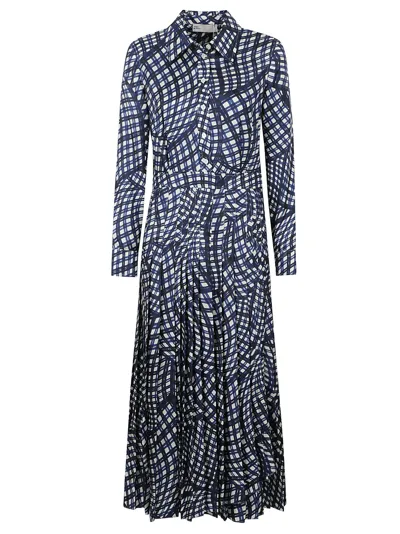 Tory Burch Printed Pleated Silk-twill Midi Shirtdress In Navy Warped Gingham