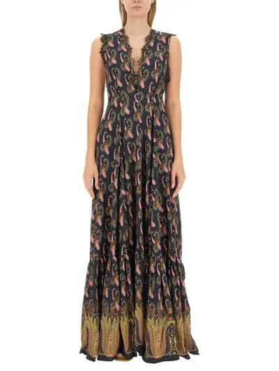 Etro Paisley Printed Lave Trim Maxi Dress In Multicolor