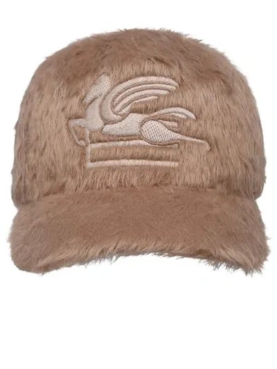 Etro Logo Embroidery Fur Cap In Beige