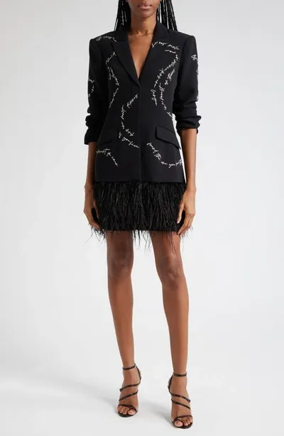 Cinq À Sept Joel Feather And Script Embellished Crepe Mini Dress In Black