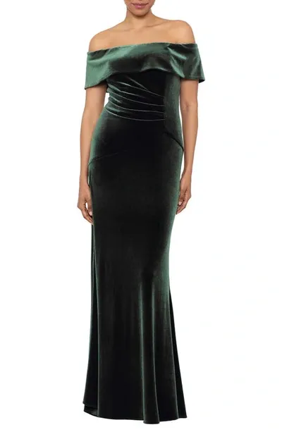 Xscape Off-the-shoulder Velvet Gown In Moss