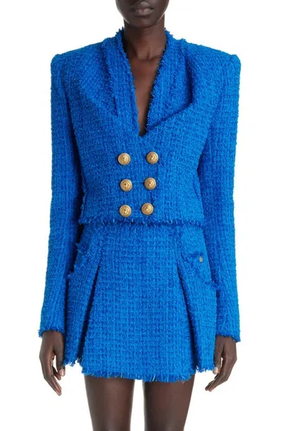 Balmain Collarless Tweed Double-breasted Crop Jacket In Cobalt