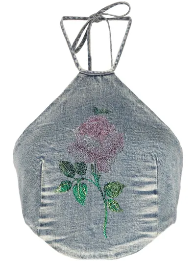 Alessandra Rich Embellished Halterneck Denim Crop Top