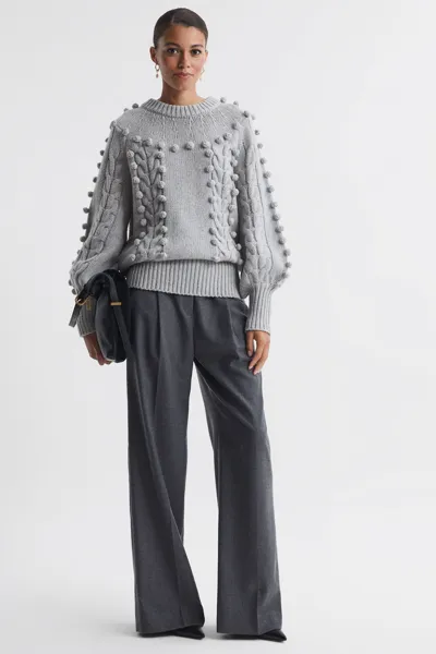 Joslin Wool Pom Pom Crew Neck Jumper In Grey Marle