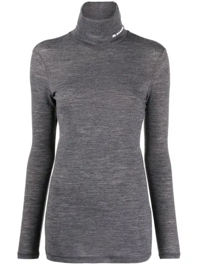 Jil Sander Logo Wool Blend Jersey Turtleneck Top In Grey