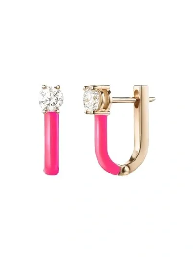 Melissa Kaye Aria U Pink Enamel And Diamond Huggies In Gold