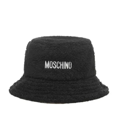 Moschino Logo Embroidered Faux Fur Bucket Hat In Black