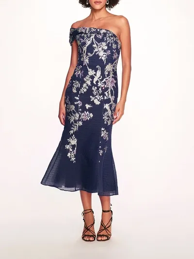 Marchesa One Shoulder Gilded Midi Dress In Navy