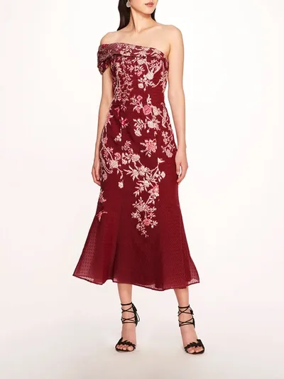 Marchesa One Shoulder Gilded Midi Dress In Wine