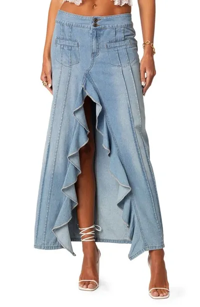 Edikted Women's Valencia Ruffle Slitted Denim Maxi Skirt In Blue